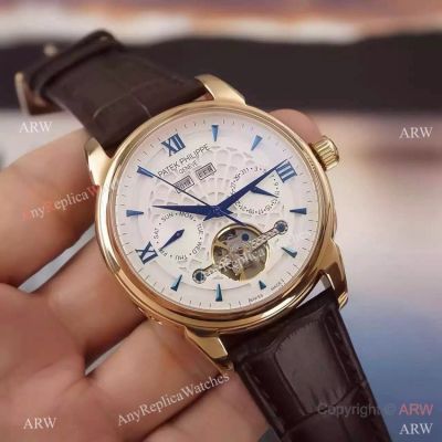 Copy Patek Philippe Geneve Tourbillon Watch Rose Gold Case Brown Leather